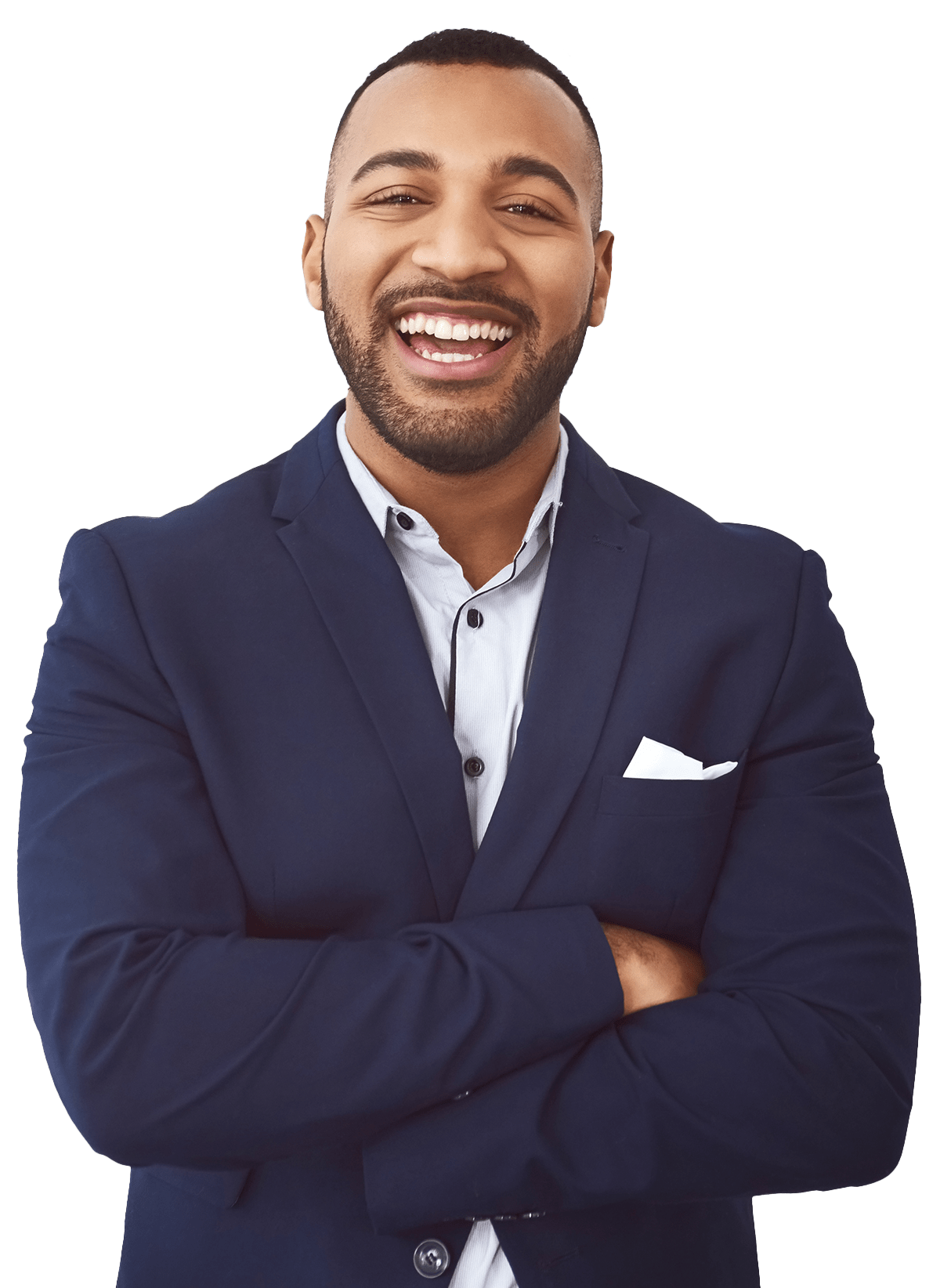 Man in blue suit jacket smiling with his arms crossed