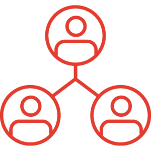 Red doodle of three people in individual circles connected by a line