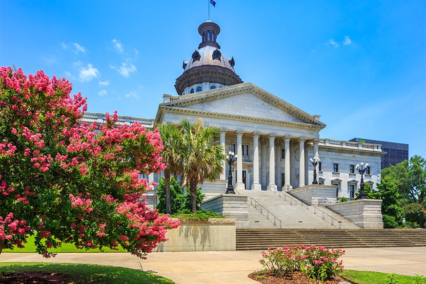 Capitol Building, Columbia South Carolina State House, in the springtime with beautiful blooming crepe myrtle tree and a clear blue sky.