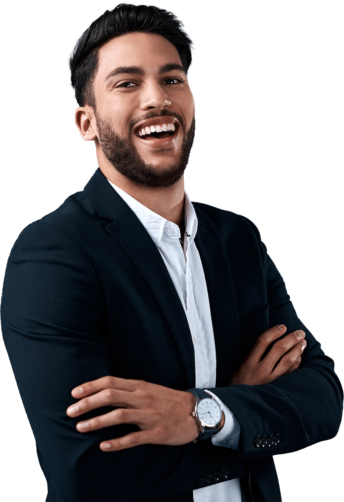 Man in suit jacket smiling with his arms crossed